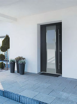custom made steel front door in anthricite grey and obscured glass