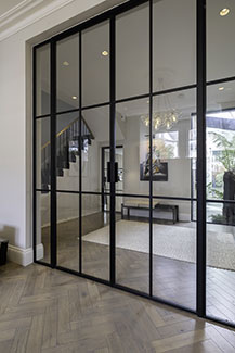 Crittall style steel double door with two sidelights