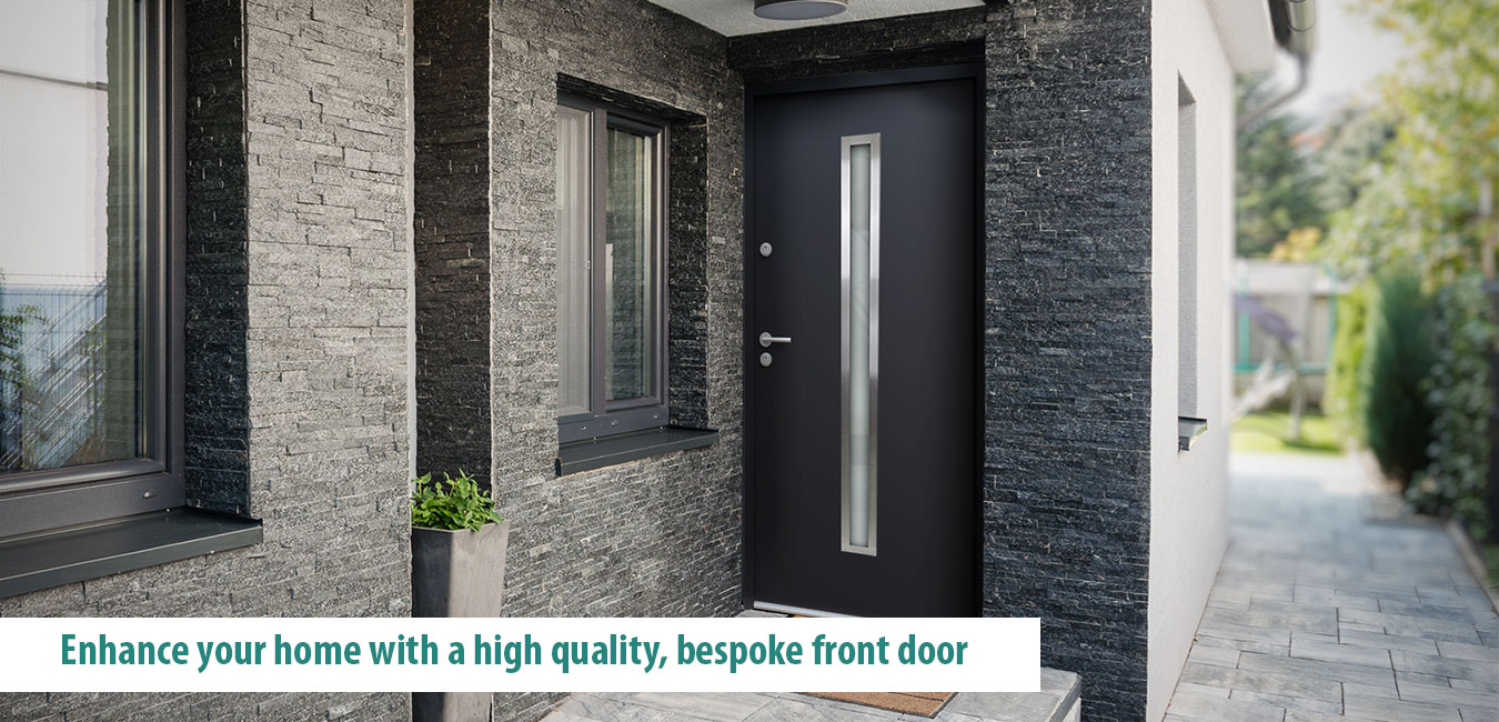 steel front door with vision panel in a setting