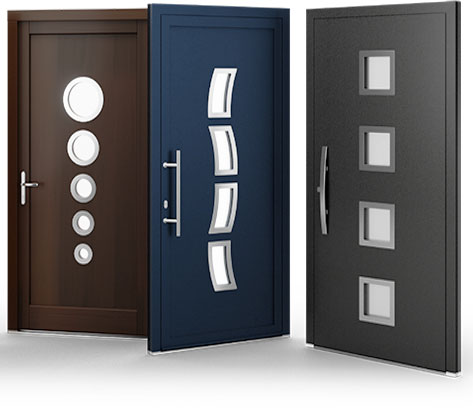 Bespoke front doors in different colours - wood, blue, grey